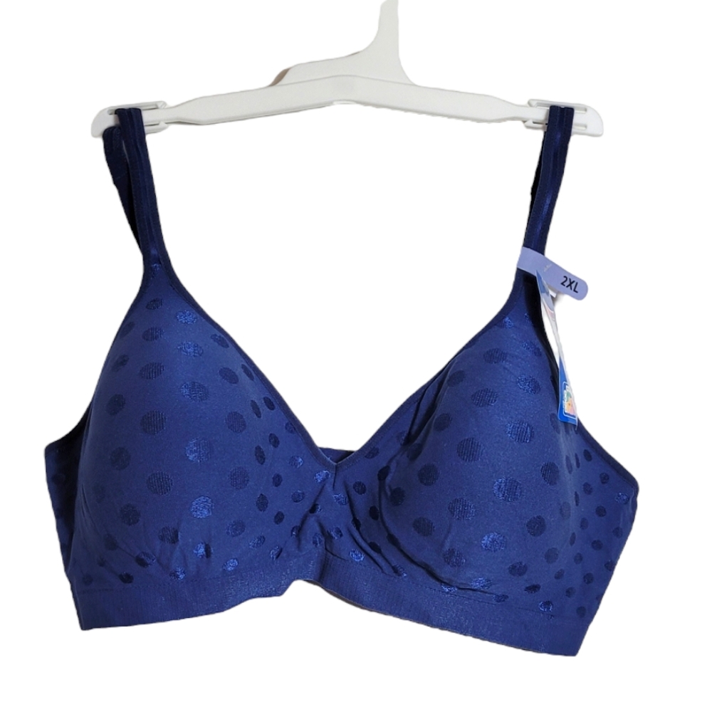 Hanes Comfort Flex Fit Wireless Bra 2XL Blue Dotted